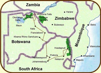 Victoria Falls and Kruger park map